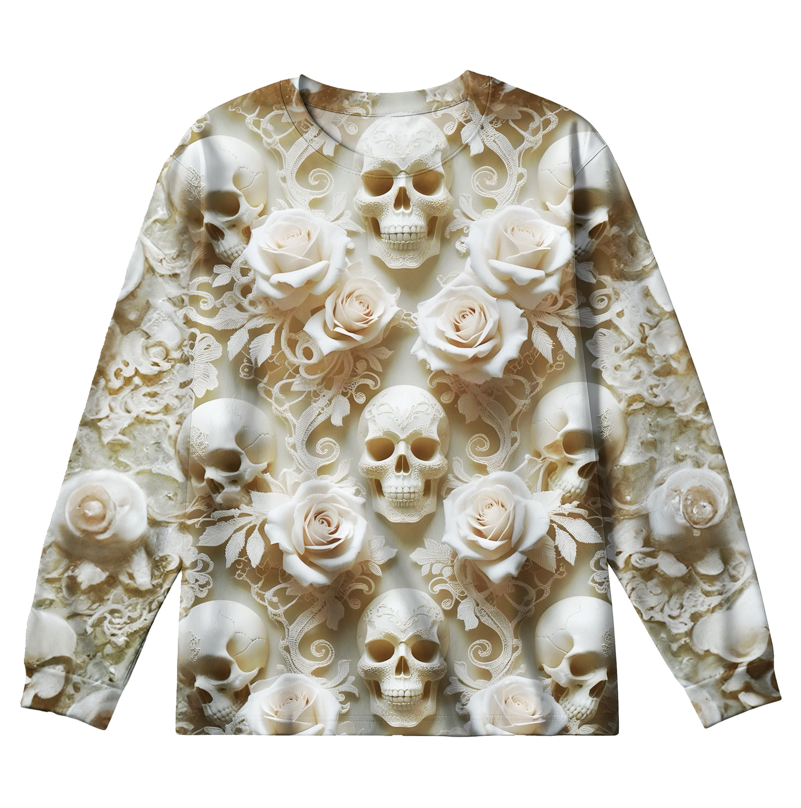 Floral Relief Skull Art Plus Size Men's Long Sleeve Round Neck Top