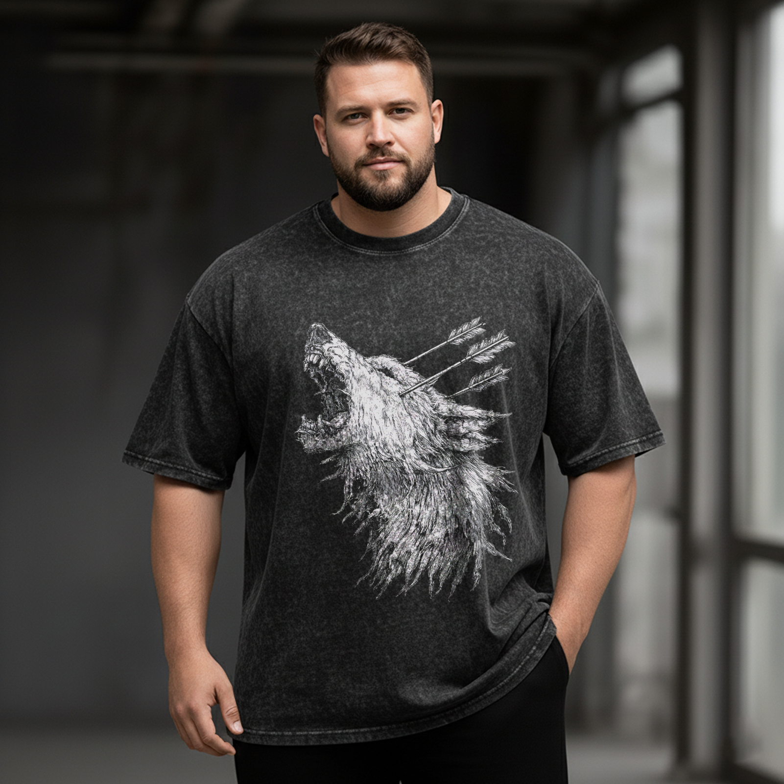 Gothic Grey Wolf Large Size Washed Cotton Short Sleeves