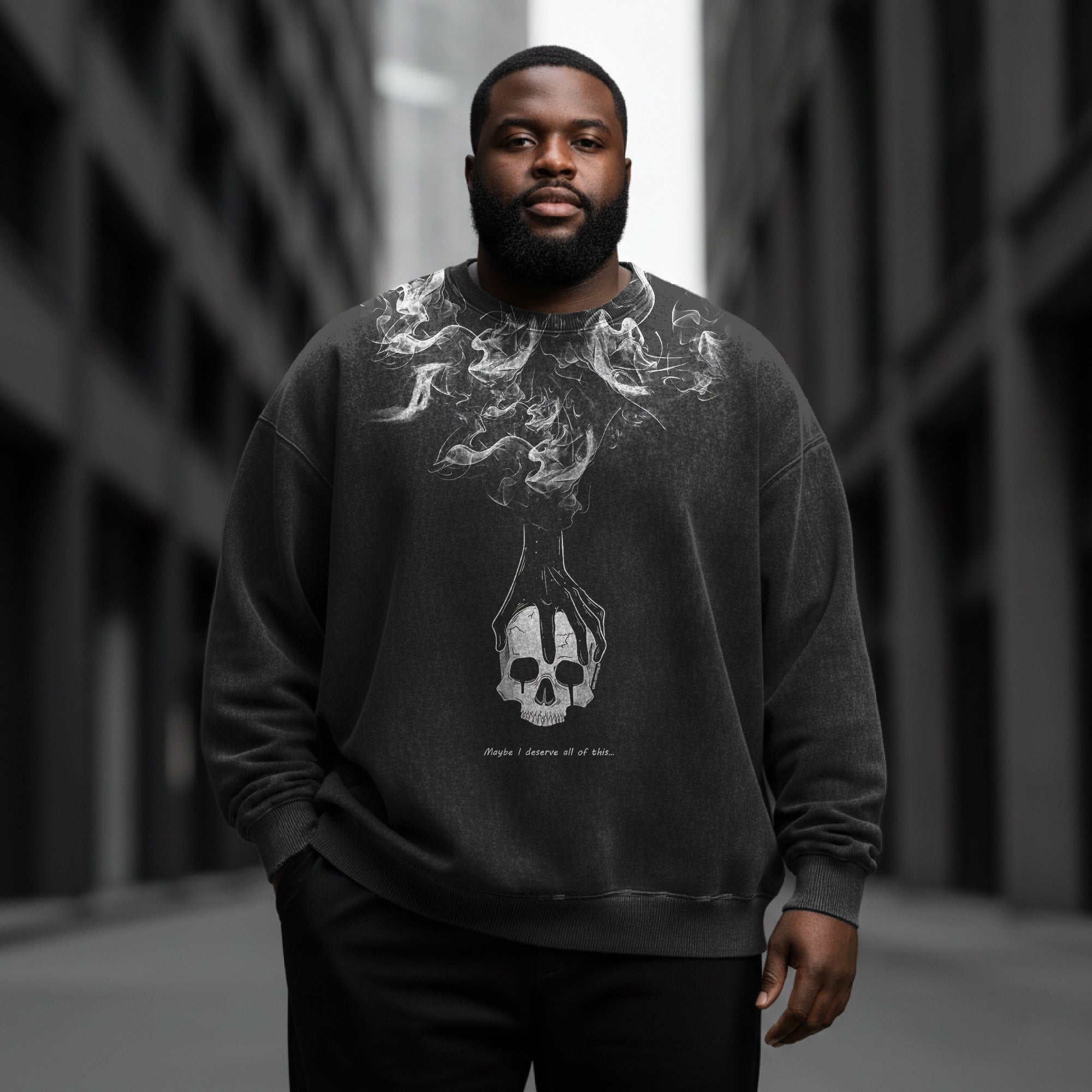 Dark Smoke Skull Washed Round Neck Sweatshirt