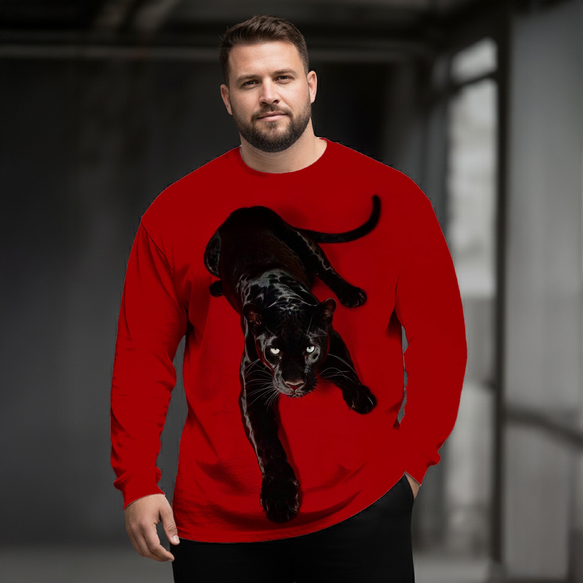 Stereoscopic Black Panther Plus Size Men's Long Sleeve Round Neck Top