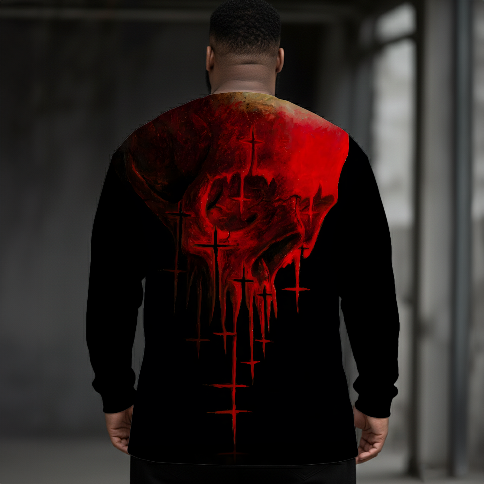Horror Dark Skull Art Plus Size Men's Long Sleeve Round Neck Top