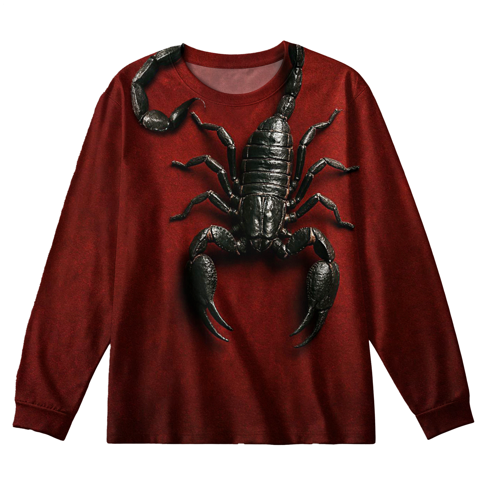 Plus Size Men's Dark Red Gothic Scorpion Long Sleeve Round Neck Top