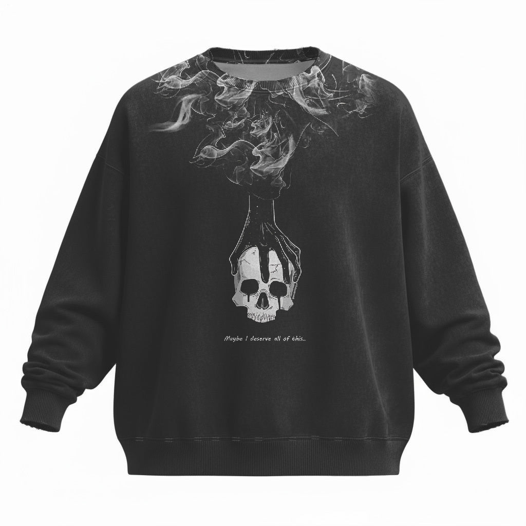 Dark Smoke Skull Washed Round Neck Sweatshirt