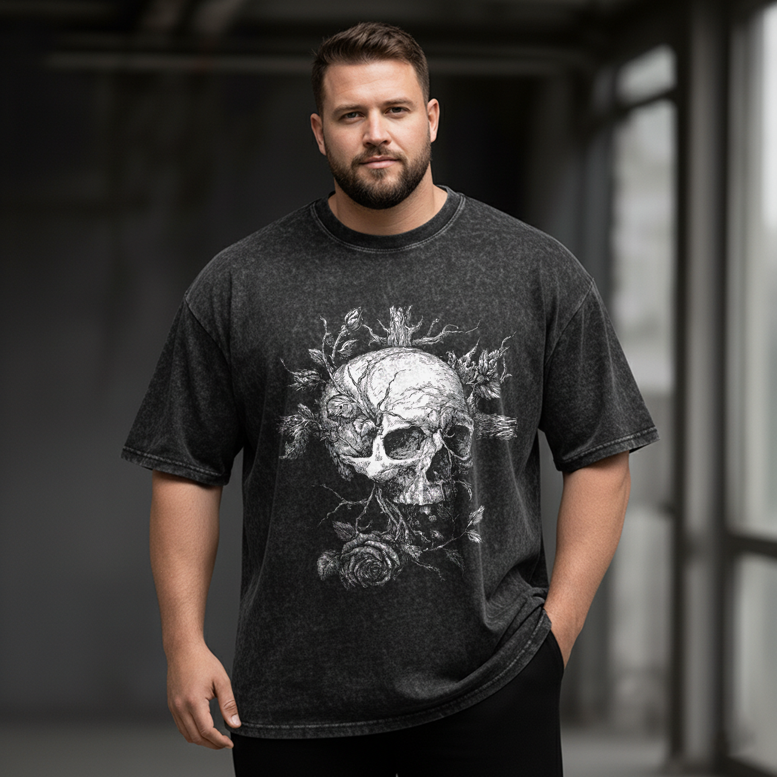 Gothic Floral Skull Large Size Washed Cotton Short Sleeves