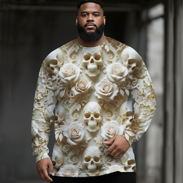 Floral Relief Skull Art Plus Size Men's Long Sleeve Round Neck Top