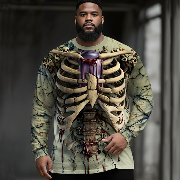 Vintage Jade Dark Skull Art Plus Size Men's Long Sleeve Round Neck Top