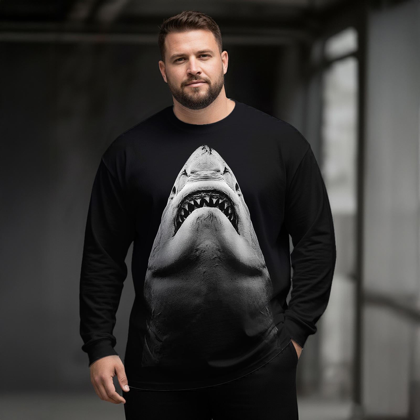 Plus Size Men's Great White Shark Long Sleeve Round Neck Top