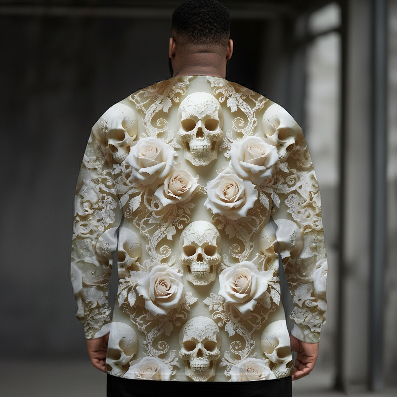 Floral Relief Skull Art Plus Size Men's Long Sleeve Round Neck Top