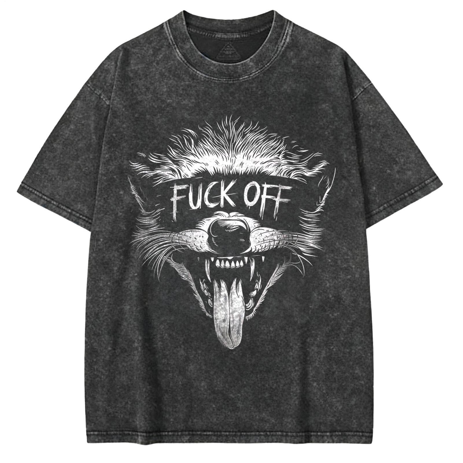 Gothic Raging Raccoon Large Size Washed Cotton Short Sleeves