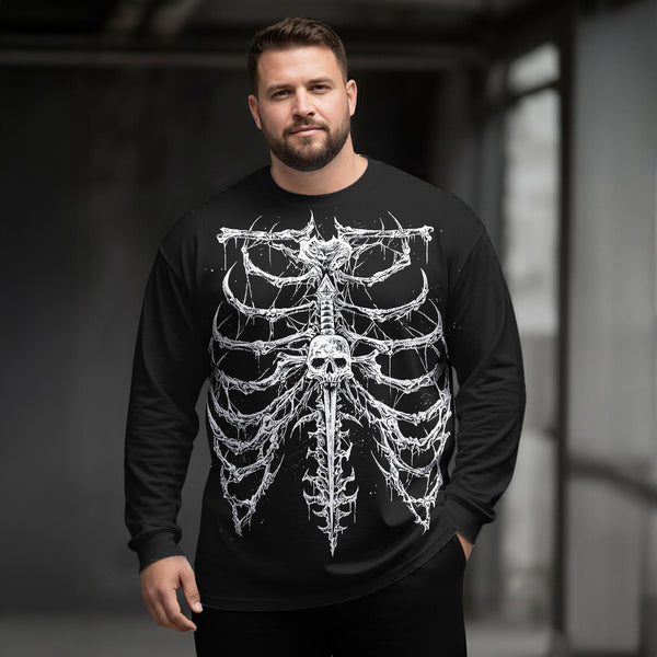 Plus Size Men's Gothic Skeleton Long Sleeve Round Neck Top
