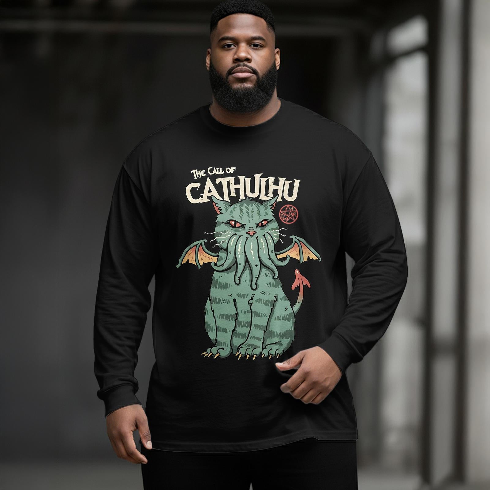 Plus Size Men's Cthulhu Cat Long Sleeve Round Neck Top