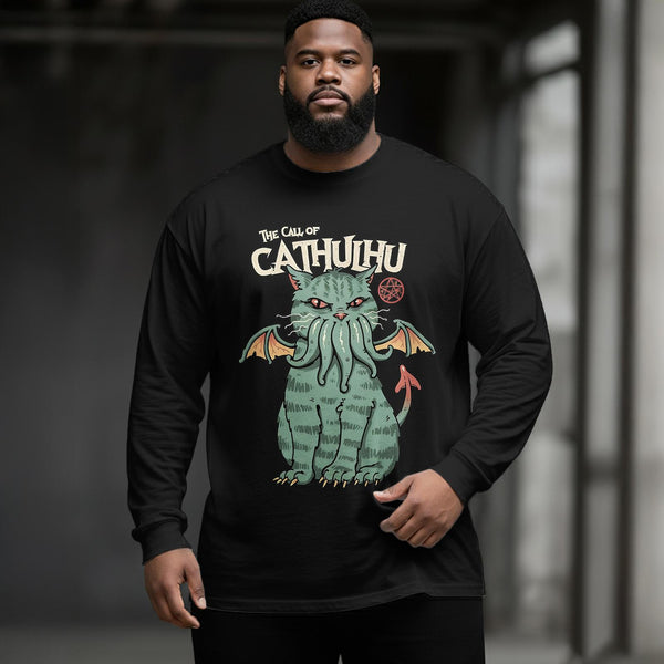 Plus Size Men's Cthulhu Cat Long Sleeve Round Neck Top