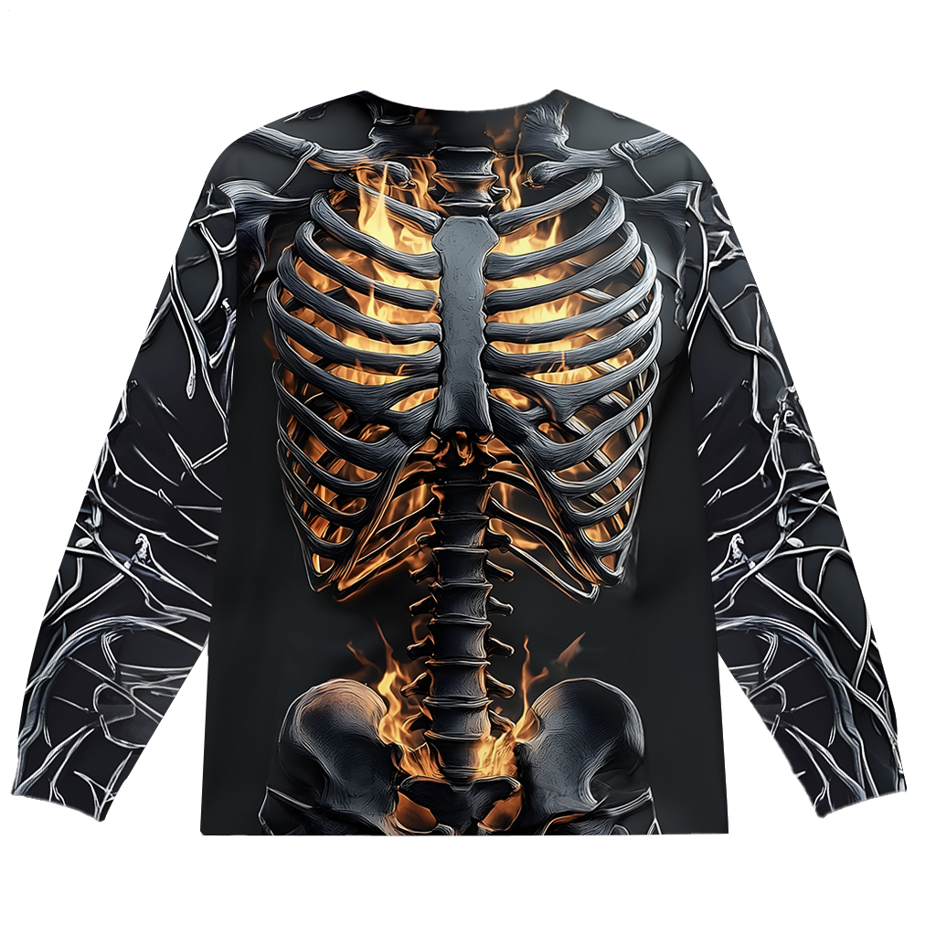 Retro Dark Flame Skull Plus Size Men's Long Sleeve Round Neck Top