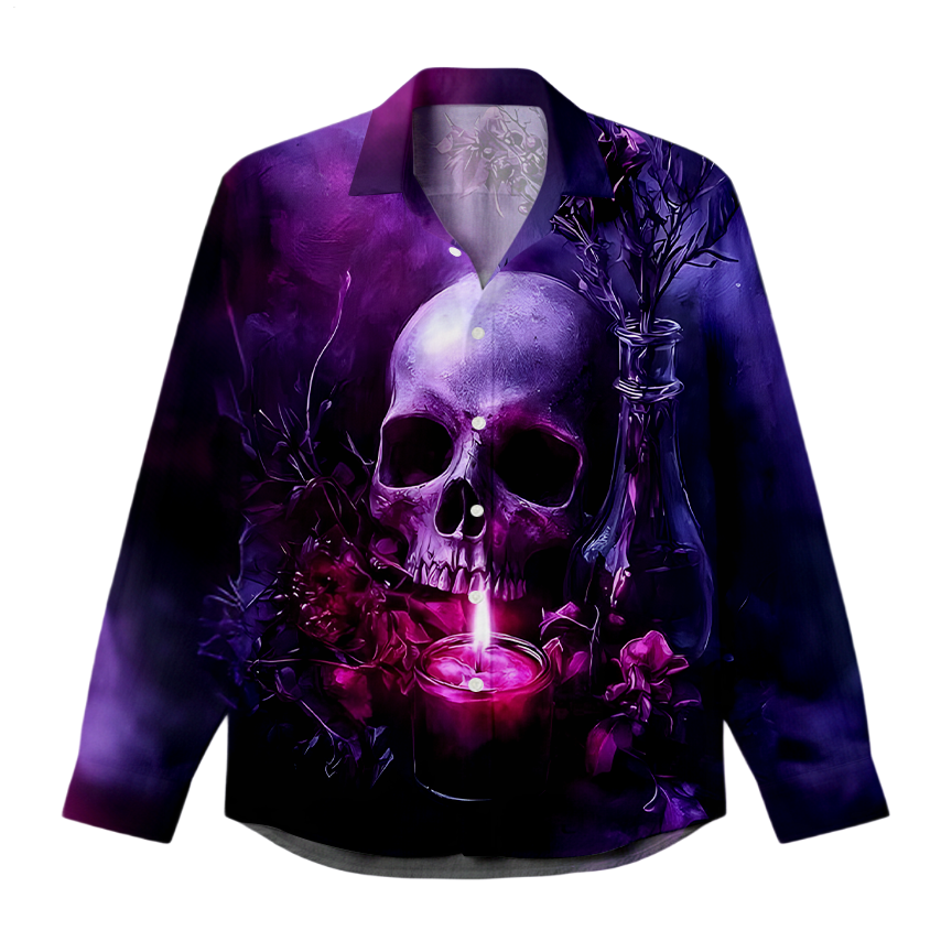 Men's Retro Dark Floral Skull Long-Sleeve Shirt