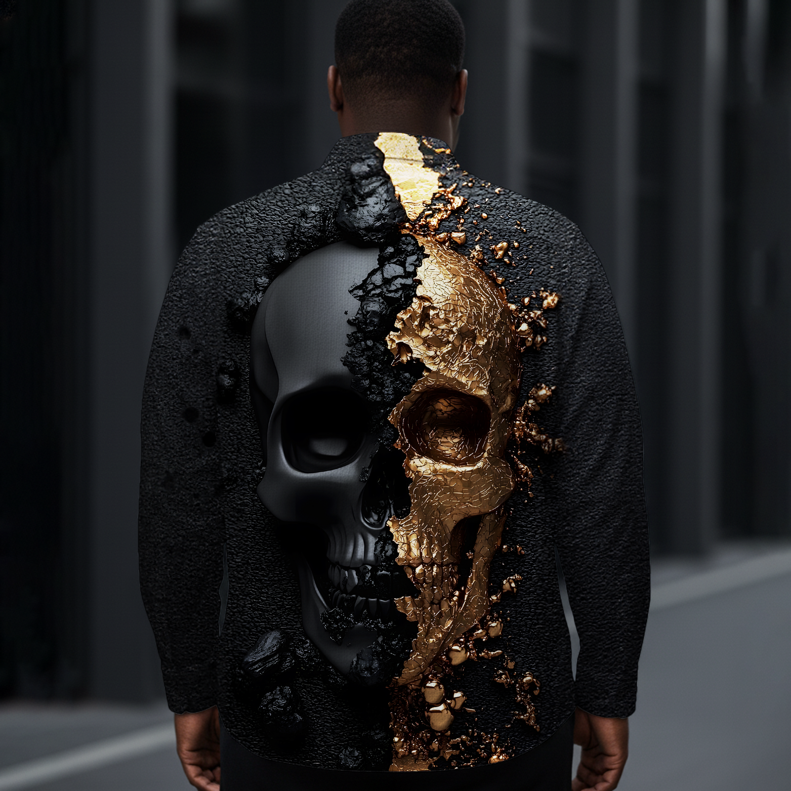 Men's Dark Relief Skull Art Long-Sleeve Shirt