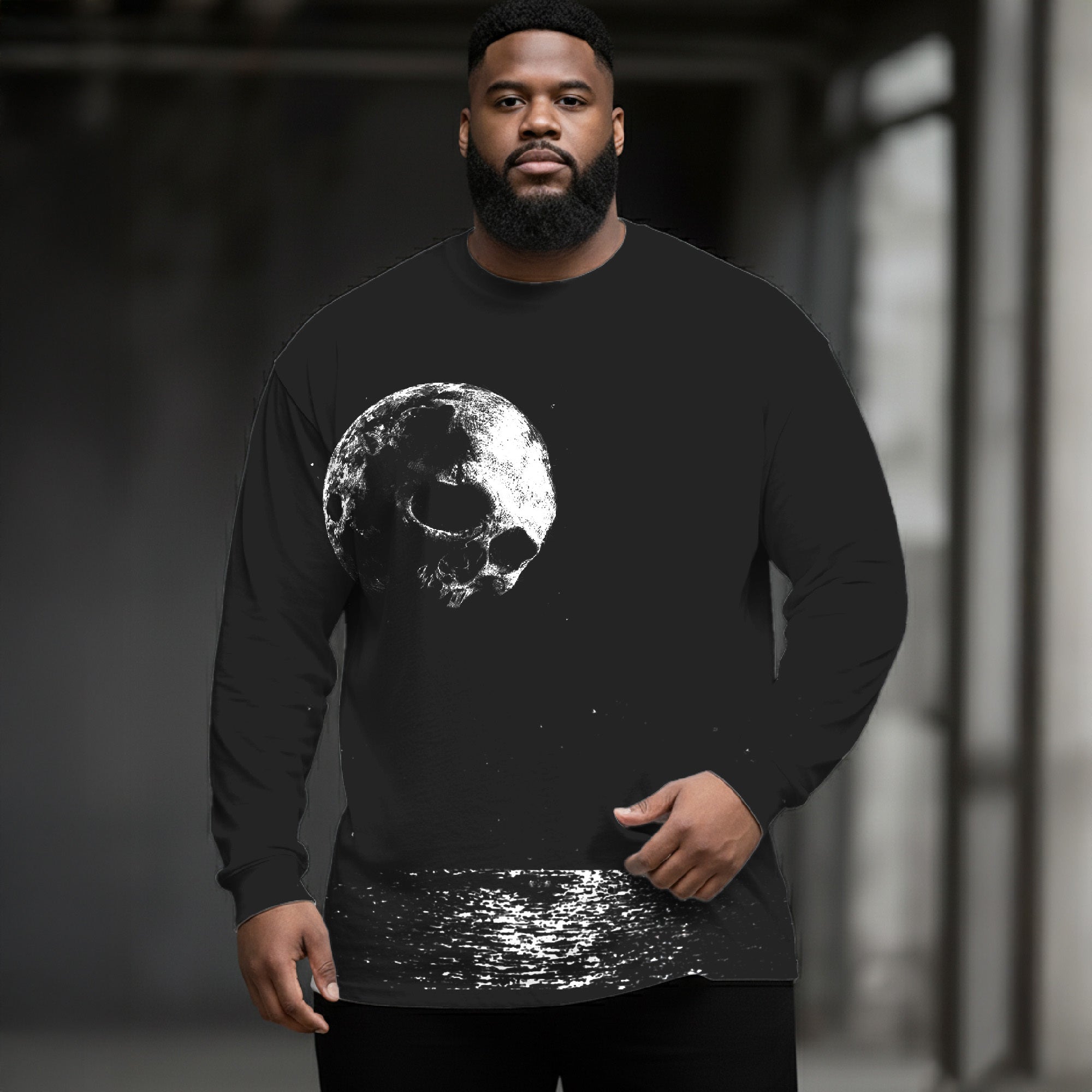 Dark Skull Plus Size Men's Long Sleeve Round Neck Top