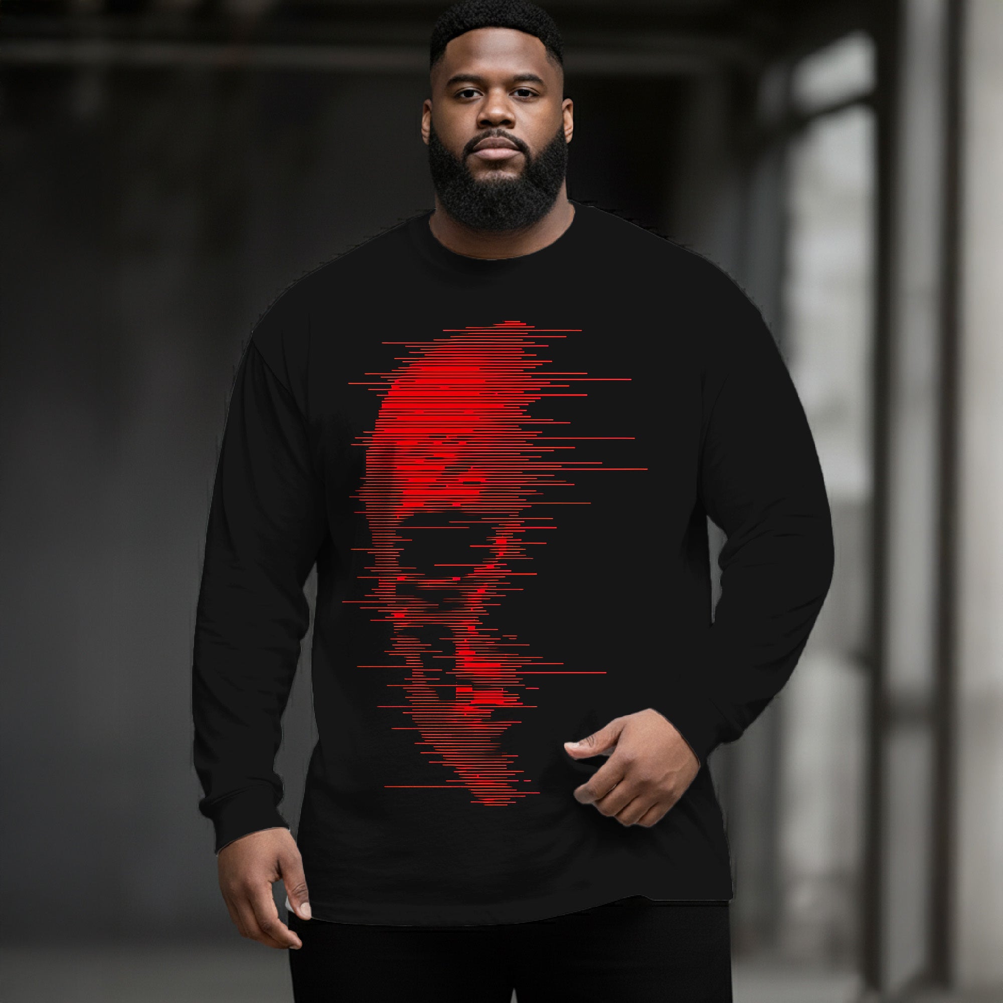 Skeleton Art with Lines Men's Long Sleeve Round Neck Top