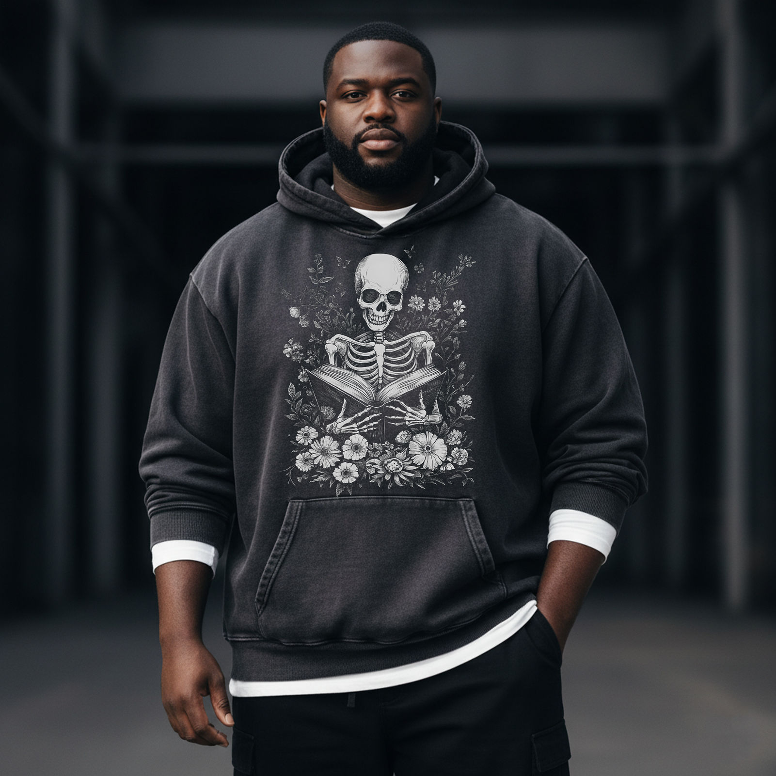 Retro Floral Skull 350g Washed Hooded Sweatshirt