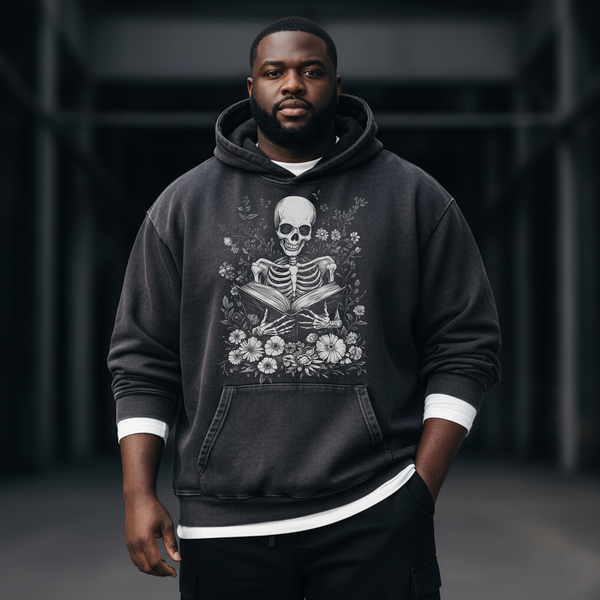 Retro Floral Skull 350g Washed Hooded Sweatshirt
