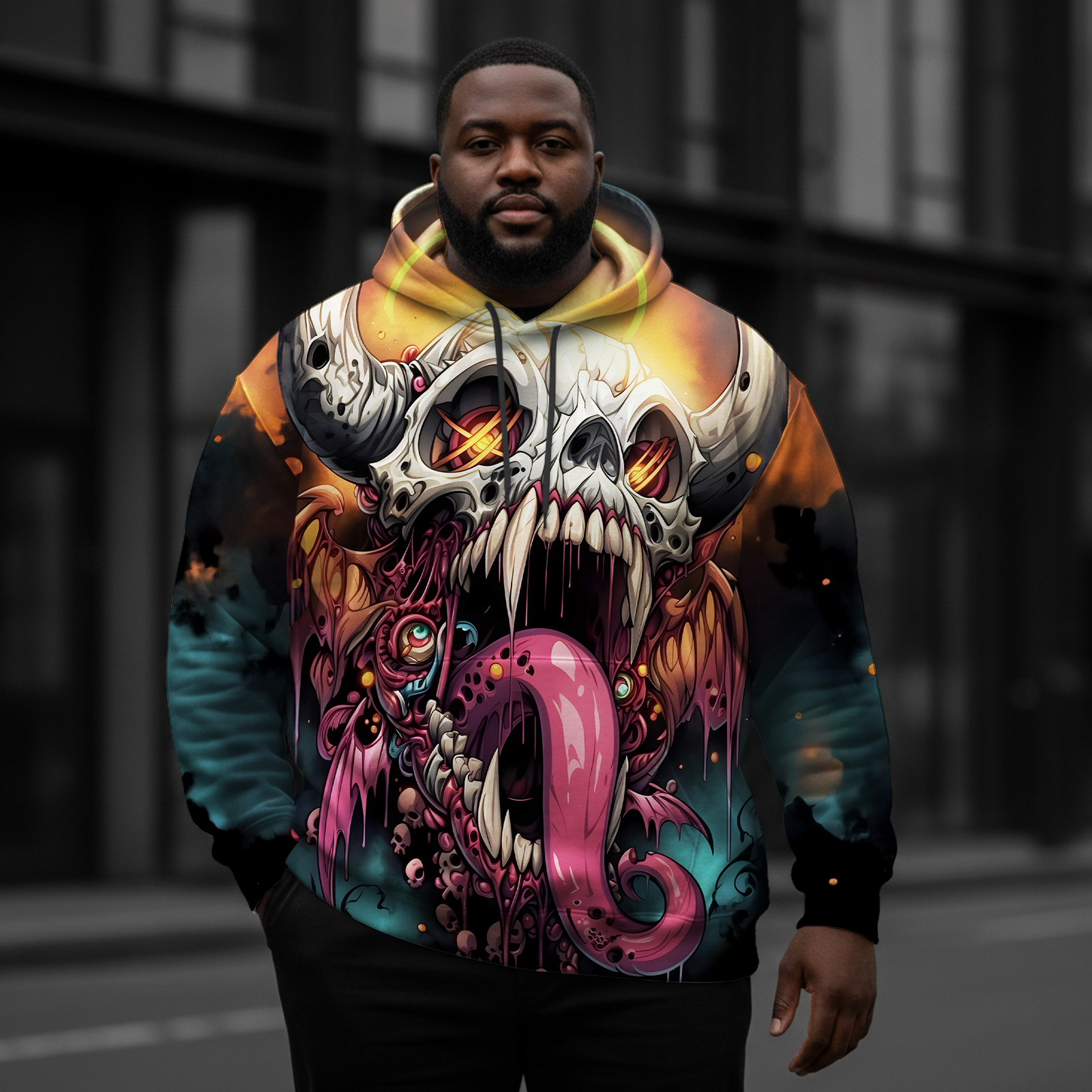 Men's Dark Demon Skull Large Size Hooded Sweatshirt