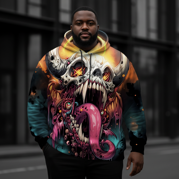 Men's Dark Demon Skull Large Size Hooded Sweatshirt