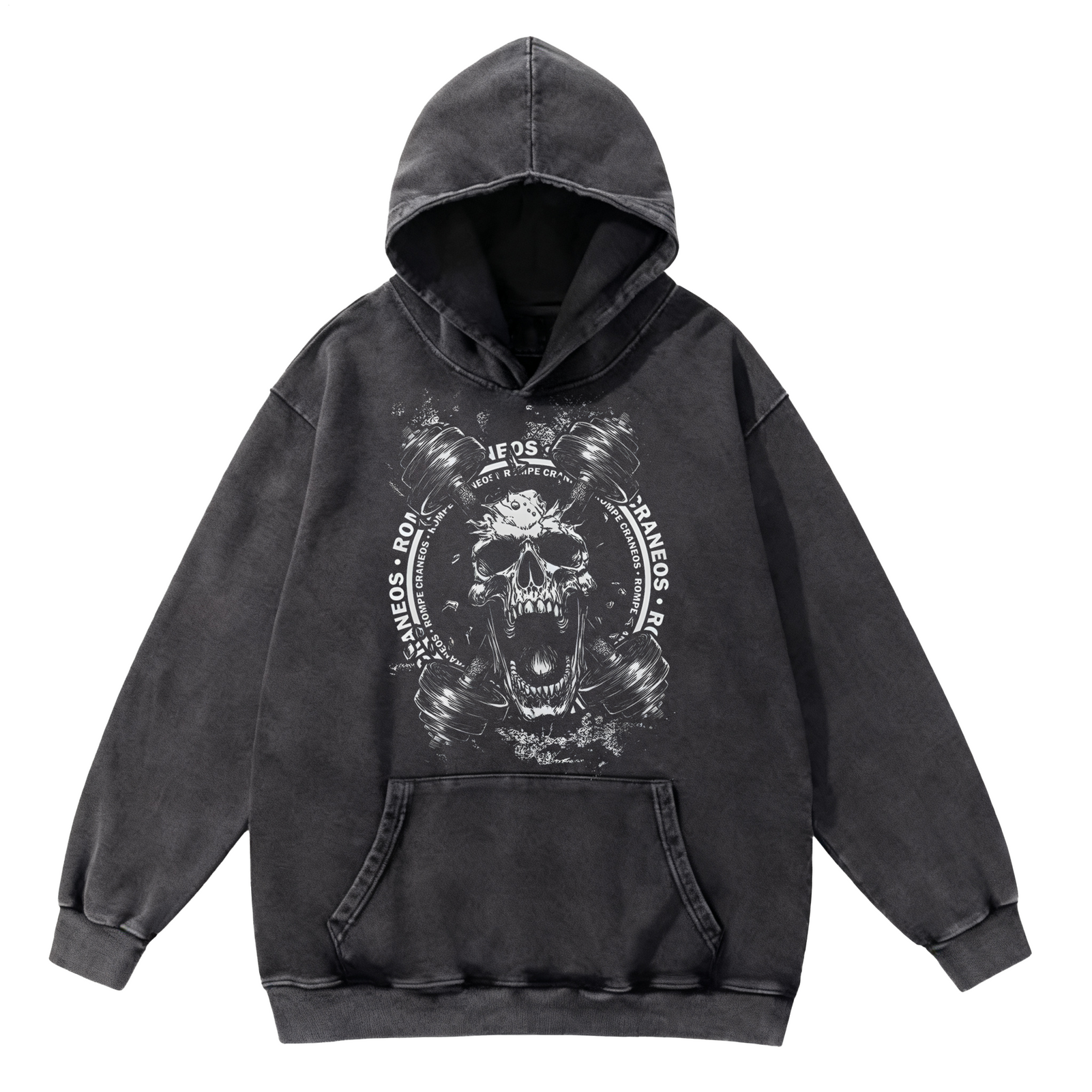 Retro Dark Skull Art 350g Washed Hooded Sweatshirt