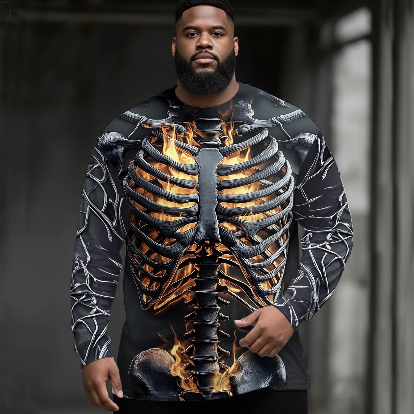Retro Dark Flame Skull Plus Size Men's Long Sleeve Round Neck Top