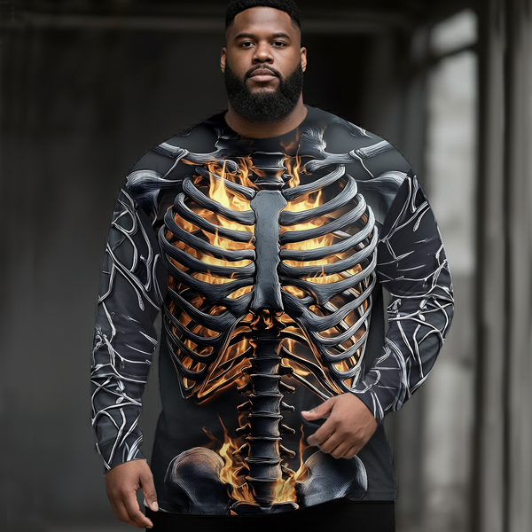 Retro Dark Flame Skull Plus Size Men's Long Sleeve Round Neck Top