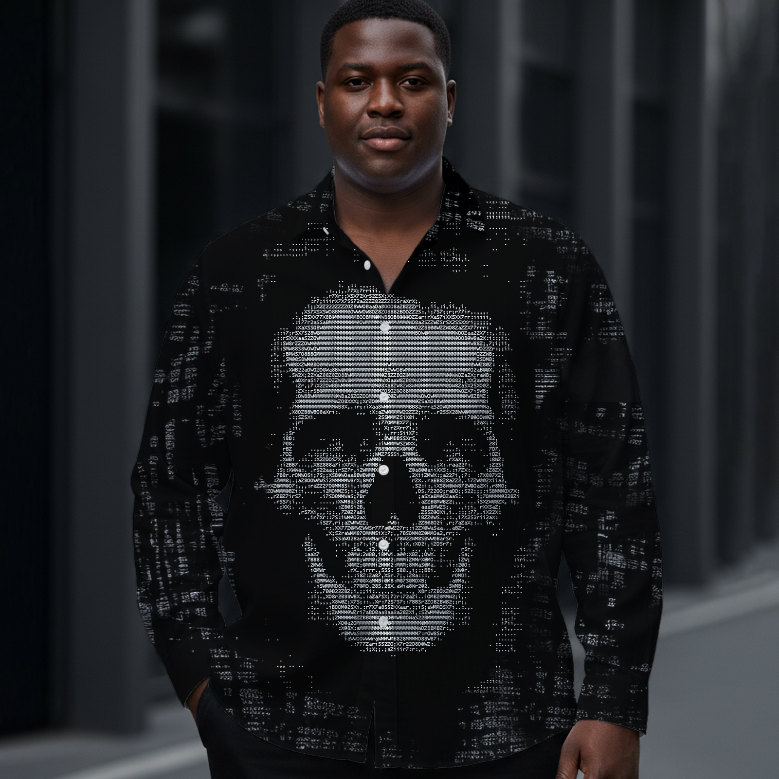 Men's Dark Digital Skull Long-Sleeve Shirt