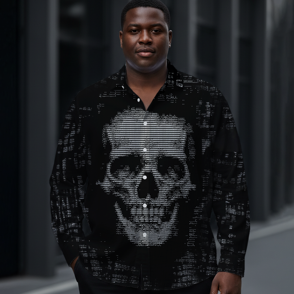 Men's Dark Digital Skull Long-Sleeve Shirt