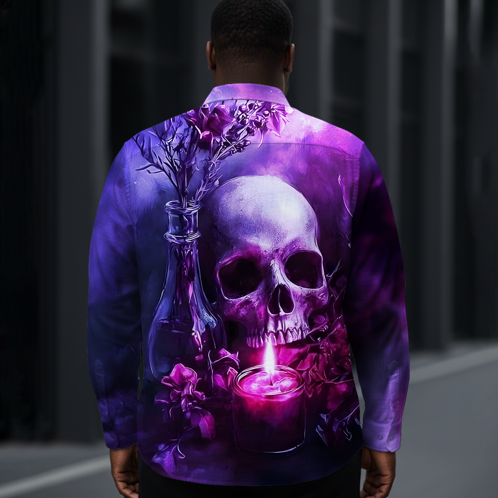 Men's Retro Dark Floral Skull Long-Sleeve Shirt