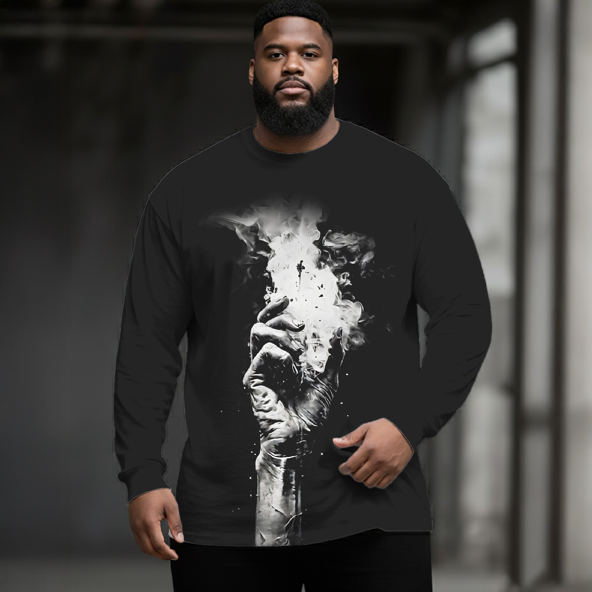 Dark Abstract Art Plus Size Men's Long Sleeve Round Neck Top