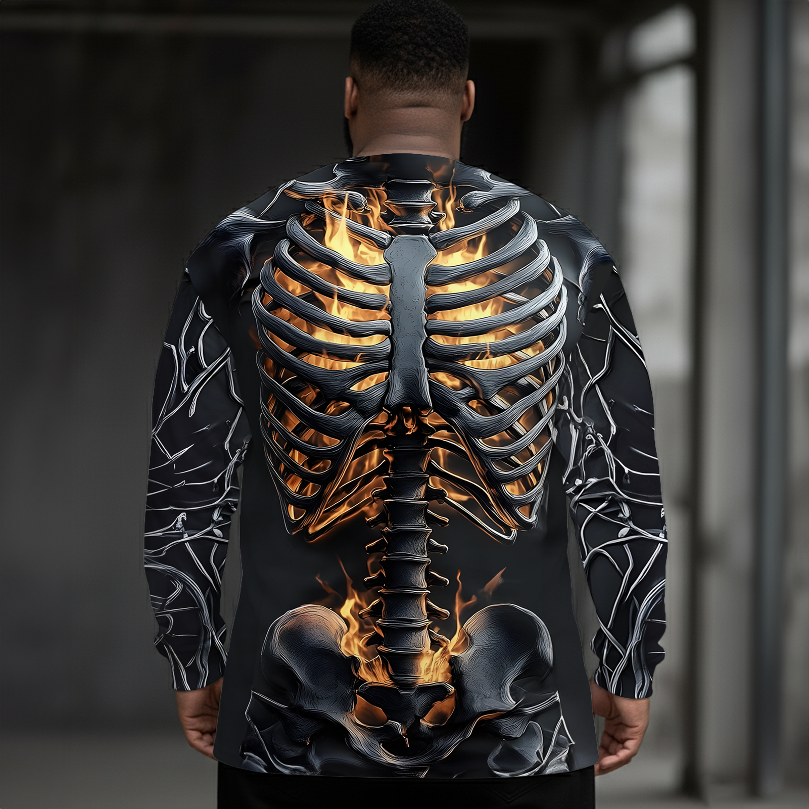 Retro Dark Flame Skull Plus Size Men's Long Sleeve Round Neck Top