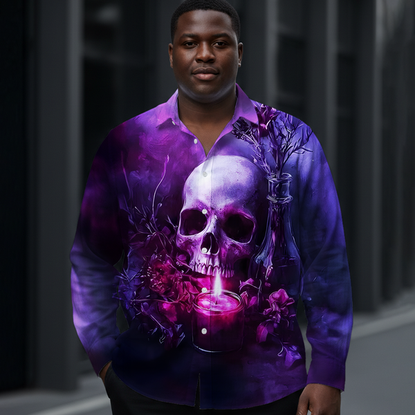 Men's Retro Dark Floral Skull Long-Sleeve Shirt