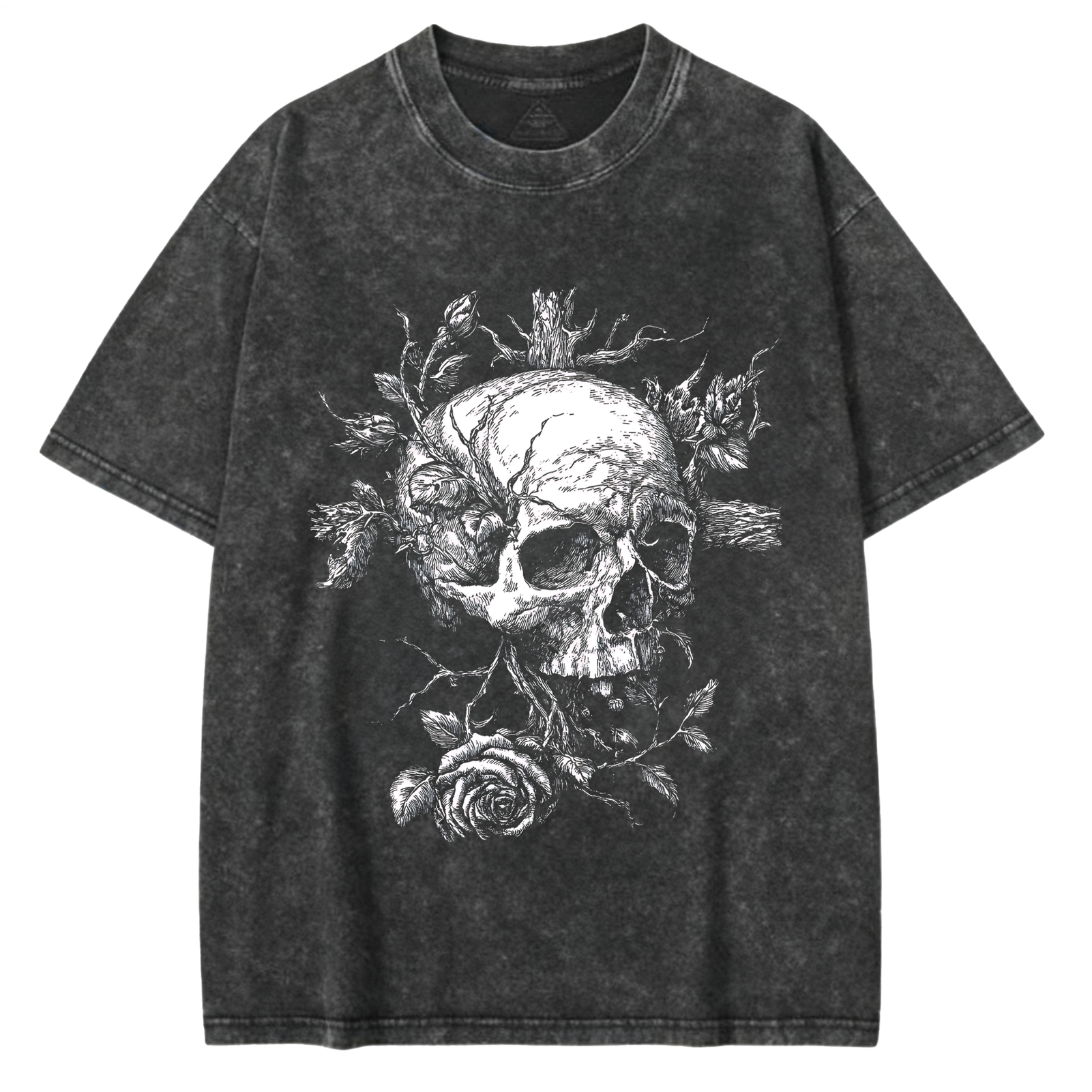 Gothic Floral Skull Large Size Washed Cotton Short Sleeves