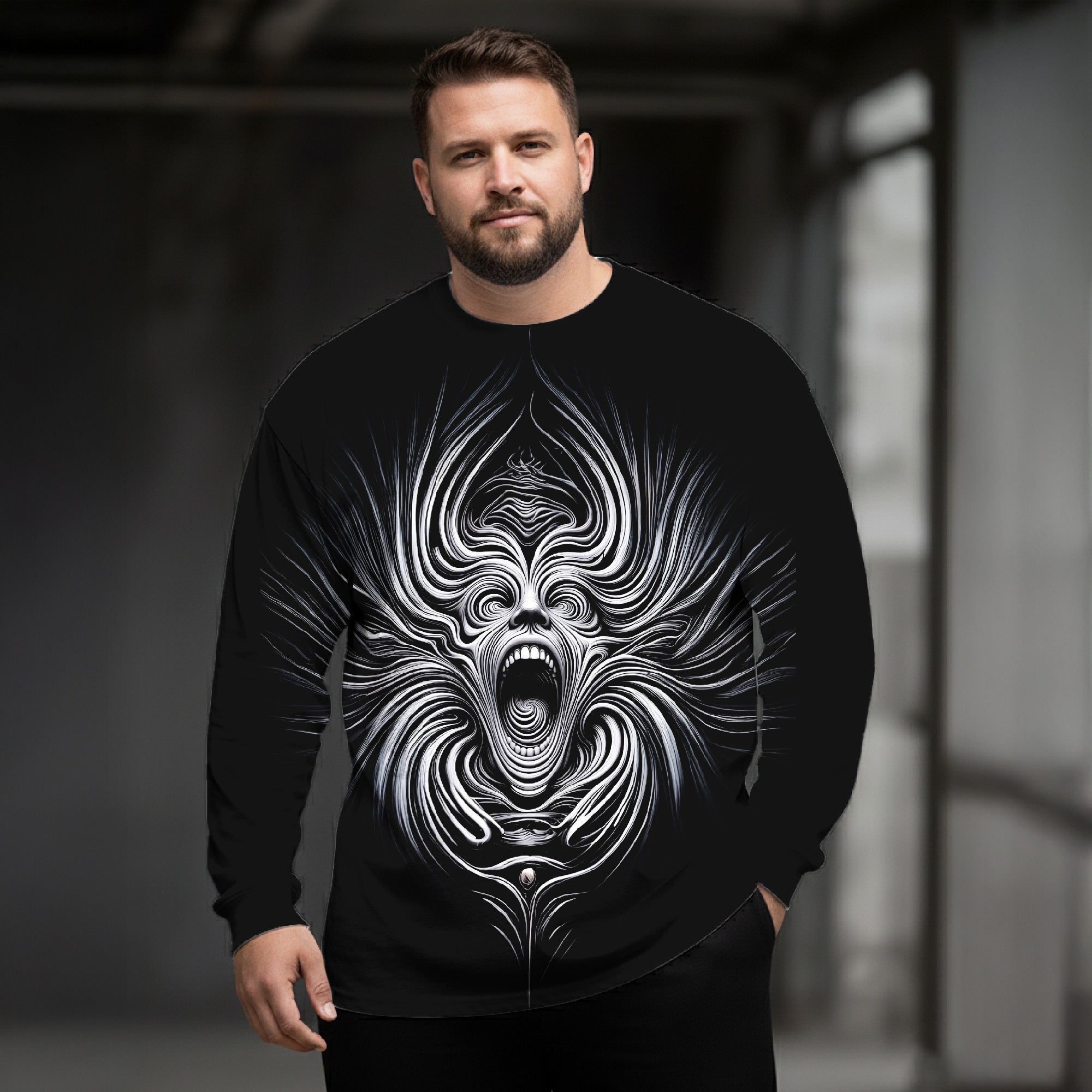 Scream Relief Art Plus Size Men's Long Sleeve Round Neck Top