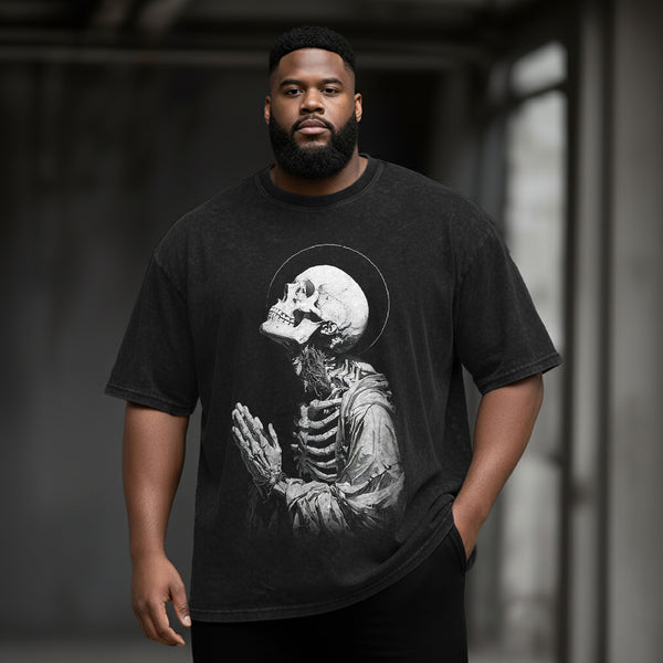 Prayer Skeleton Large Size Washed Cotton Short Sleeves