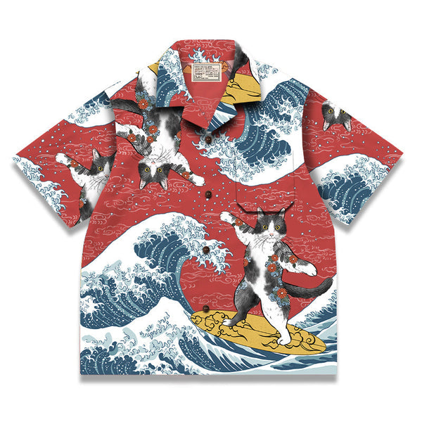 Art Tattoo Cat Surfing Aloha Shirt